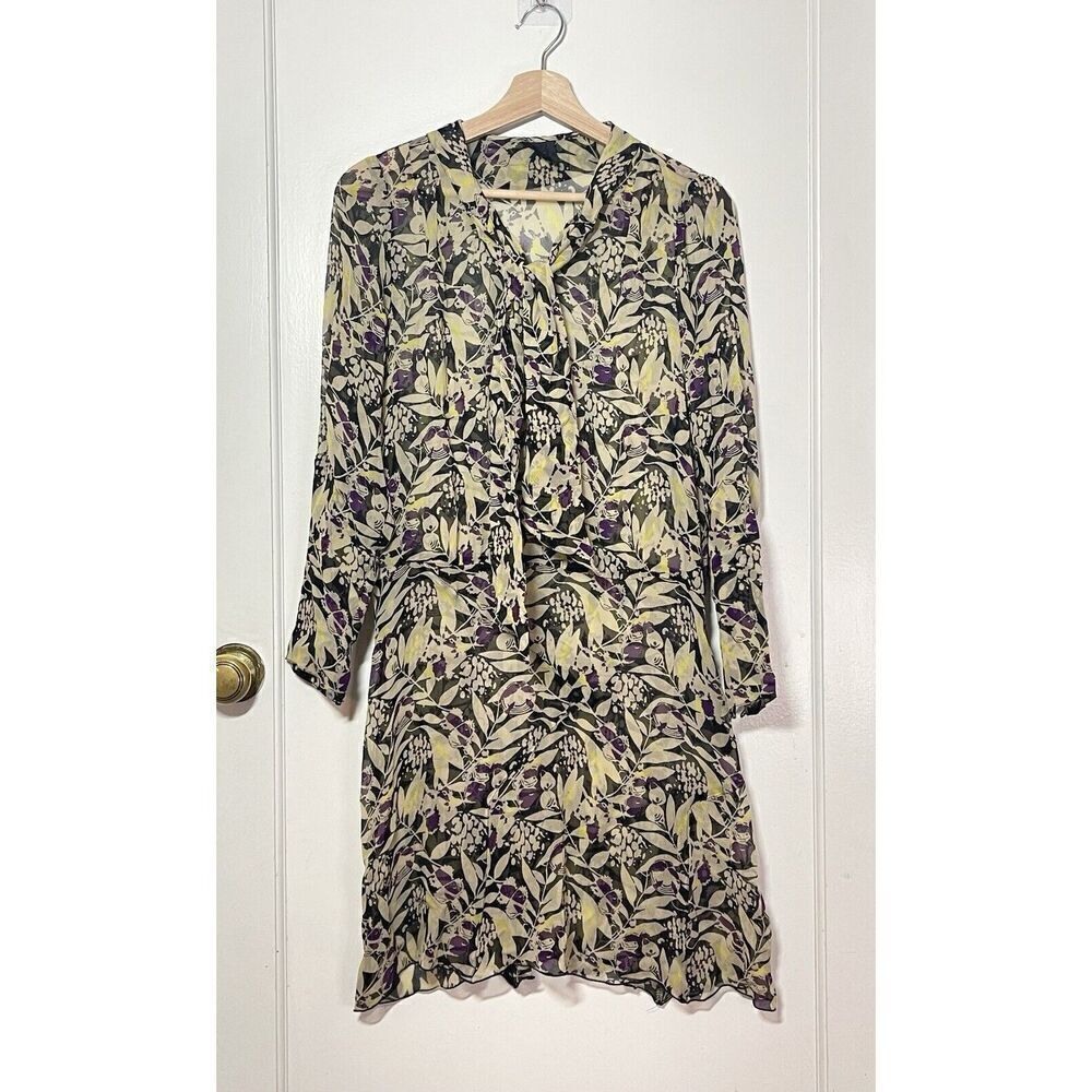 Anna Sui Silk Floral Mini Dress Tie Bow Neck Long Sleeve Sheer Women’s Size 8